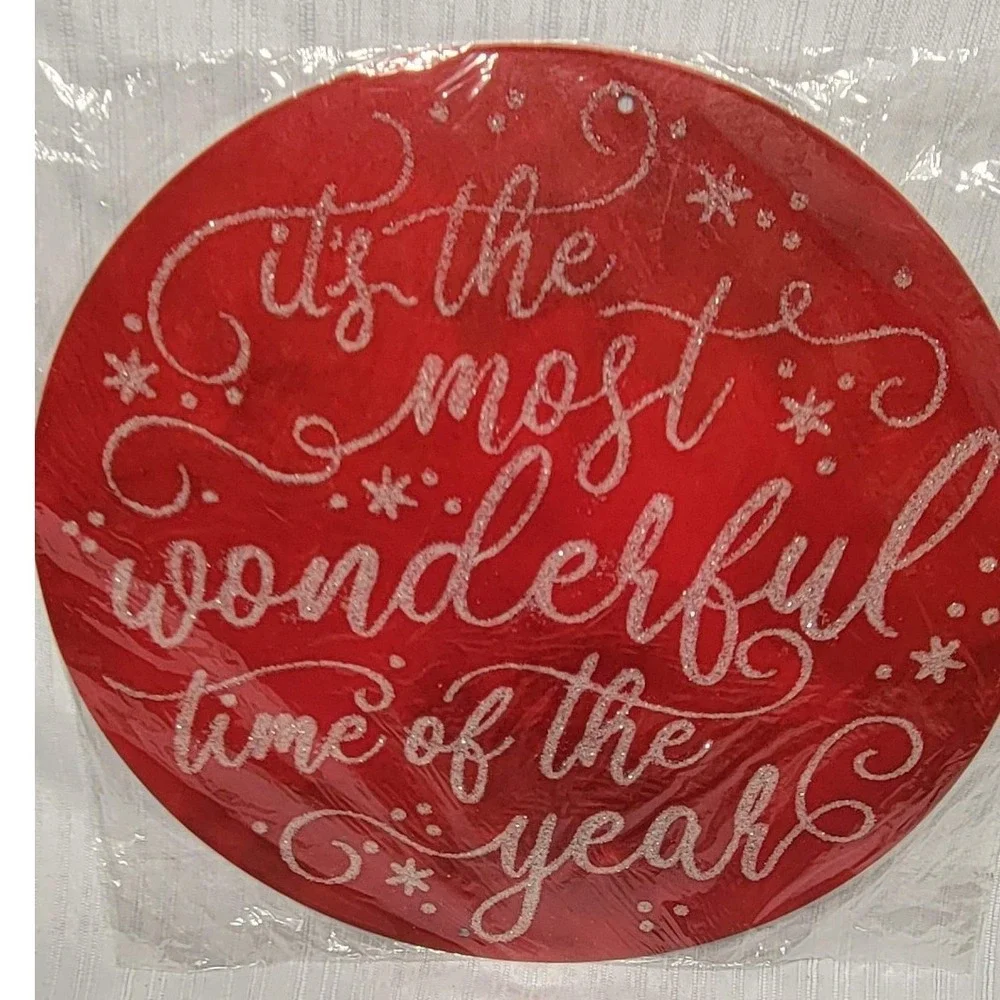 Red Glitter Christmas Wreath Attachment Sign Most Wonderful Time Year MD073824